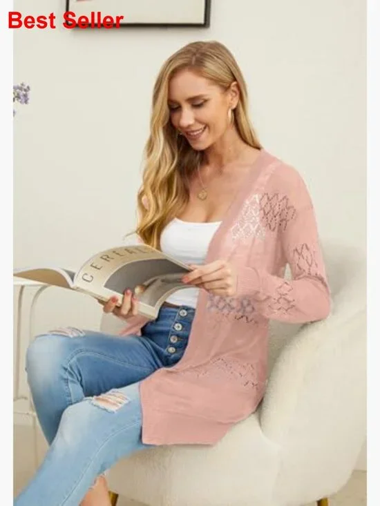 Lightweight Viscose Cardigan Sweater Open Front Long Sleeve Boho Coverup - Picture 6 of 7